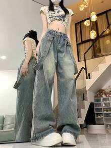 Detachable Suspender High Waist Loose Baggy Flare Leg Jeans, Retro Niche Style - Blue - View 3