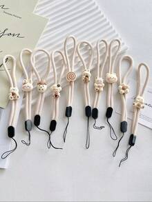 1pc Adjustable Nylon Lanyard With Beige Bear & Rabbit Charms, For Phone, USB, Keys