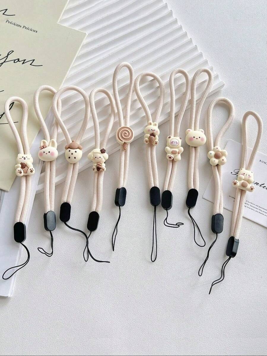 1pc Adjustable Nylon Lanyard With Beige Bear & Rabbit Charms, For Phone, USB, Keys