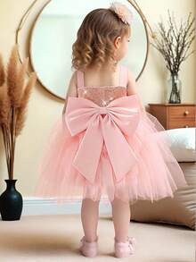 Baby Girls Sleeveless Sequin Bow Tulle Cute Flower Girl Wedding Party Princess Dress, Suitable For Birthday Party, Vacation, Excludes Headband