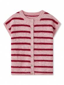 Cárdigan de punto con cuello redondo para mujer, manga corta, estampado de rayas, suéter con botones, ropa de abrigo - durazno - Ver 2