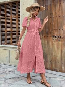 Elegant Long Lined Dress For New Year's Eve, Evangelical Fashion, Short Sleeves, Button Closure, Tie Belt With Elastic Waist - Hồng - Xem 3
