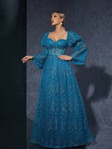 Strapless Embroidered Lace Lantern-Sleeved High-End Evening Gown - Blue - View 5