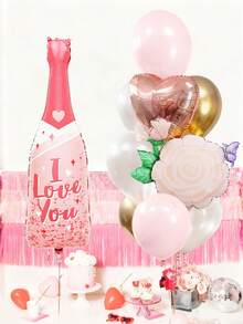 18件套粉色爱心瓶气球套装，包含爱心瓶气球、玫瑰气球、心形气球、乳胶气球，适用于生日派对、周年纪念、婚礼主题派对装饰、新娘送礼会、单身派对、情人节、求婚、婚礼等场合。 - 彩色 - 查看 3