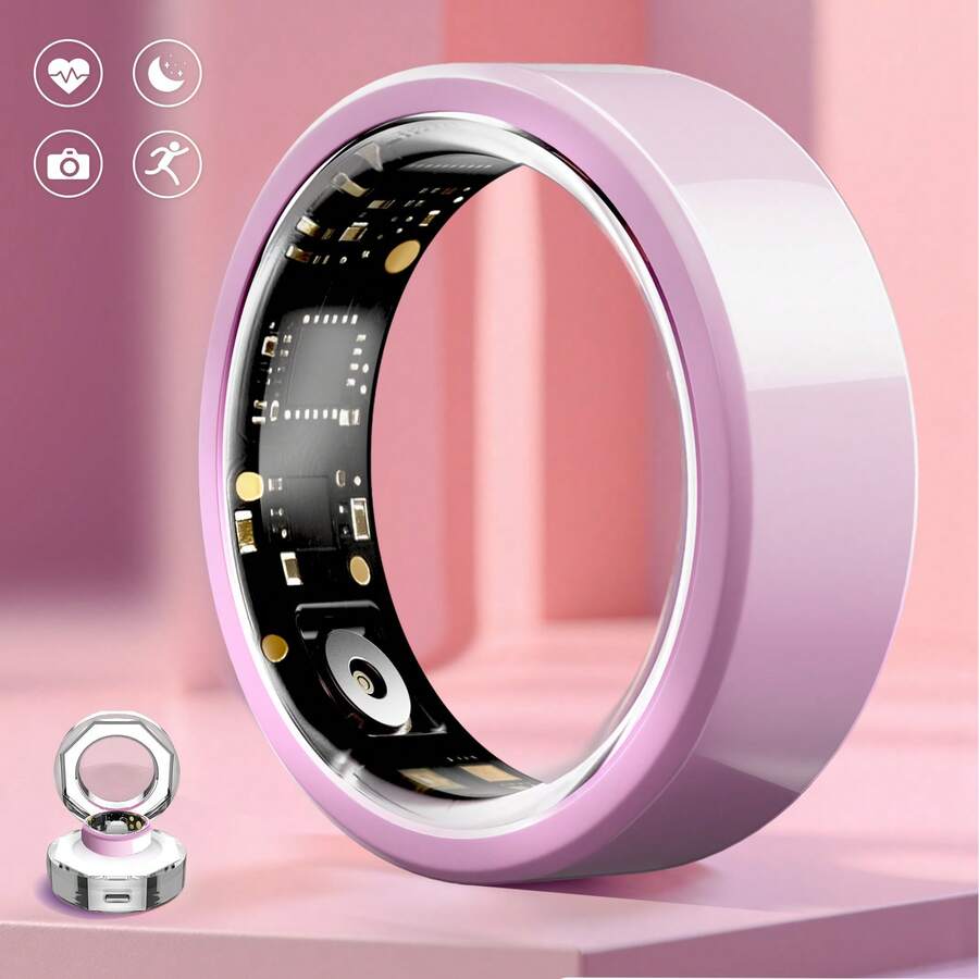 Smart Ring With Crystal Charging Case - Fitness And Sleep Tracker, Step Count, Distance & Calorie Monitoring, Multiple Sports Modes, Magnetic Charging - Stylish Ceramic Surface Design, IP68 Waterproof, Holiday Gift, Christmas - 粉色 - 查看 1