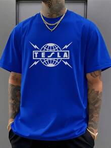 PLUS SIZE Electric Tesla Logo Tee Fashion Print T-Shirt , Men's 220g New Summer Sports Fashion Printed Pure Cotton Short-Sleeved T-Shirt(1 PC) - Blue - View 2