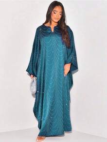 2025 Spring/Summer New Fashion Loose Rhinestone Abaya Cardigan Robe For Women - Peacock Blue - View 5