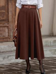Versatile Casual Commute Solid Color High Waist A-Line Skirt - Reddish Brown - View 5