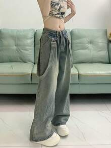 Detachable Suspender High Waist Loose Baggy Flare Leg Jeans, Retro Niche Style - Blue - View 8