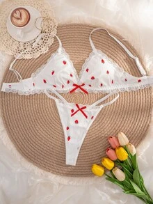 1 conjunto lencería sexy con encaje rojo efecto parche con corazón y fresa, incluye sujetador y tanga - Blanco - Ver 2