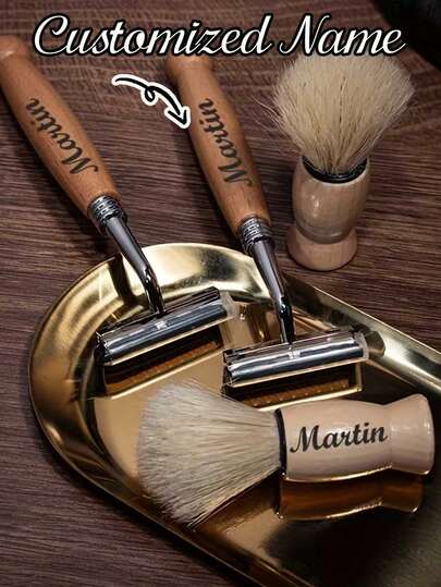 Anpassat rakset för män, inkluderar rakhyvel, rakborste och förvaringspåse, personligt anpassad, present till pojkvän/make, lämplig för alla hjärtans dag, resevänlig med rakborste och resefodral, kan anpassas som present till marskalken eller en vän