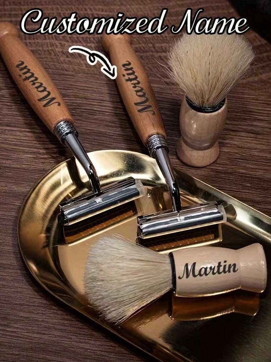 Customized Men's Shaving Set, Includes Razor, Shaving Brush And Storage Bag, Personalized, Gift For Boyfriend/Husband, Suitable For Valentine's Day, Travel-Friendly With Shaving Brush And Travel Pouch, Can Be Customized As Groomsmen Or Friend's Gift - Multicolor - View 1
