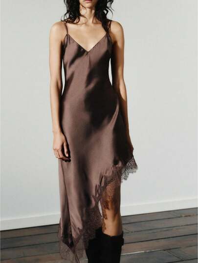 Y2k Satin Silk Mini Dress Sleeveless Spaghetti Strap Lace Irregular Hem V Neck Backless Solid Crop Dress For Streetwear Summer Elegant Daily Club Outfit