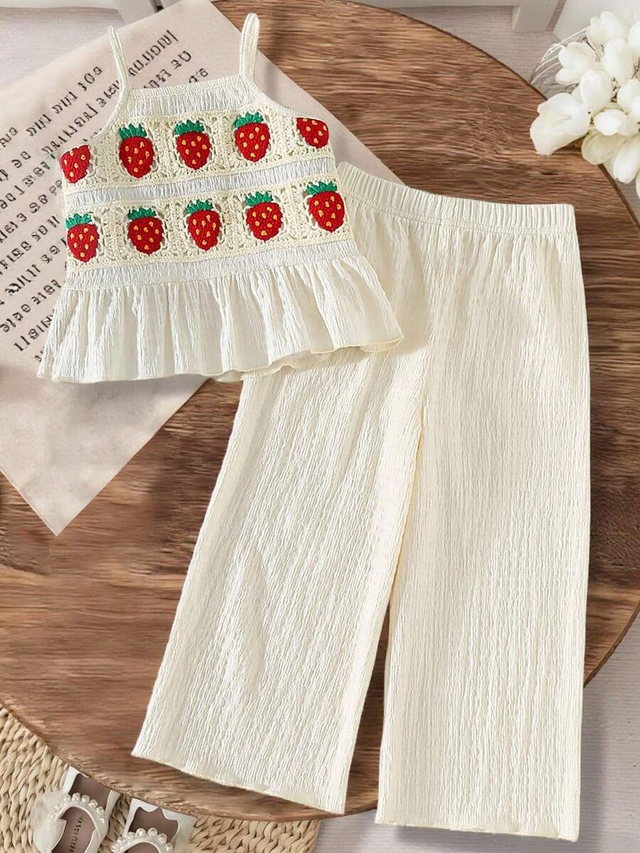 少女草莓针织图案荷叶边吊带背心搭配阔腿裤，时尚休闲装扮 - 杏色 - 查看 1