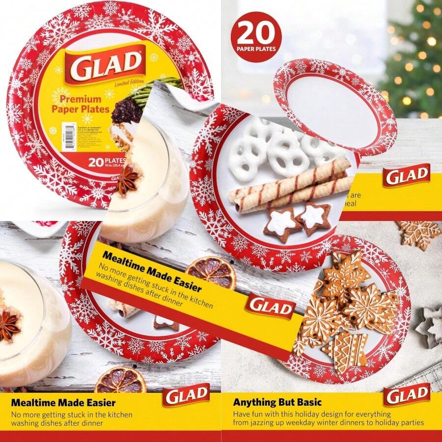 Glad - Platos de papel desechables con diseño de copo de nieve rojo navideño resistentes aptos para microondas 10 pulgadas 20 unidades - rojo - Ver 1