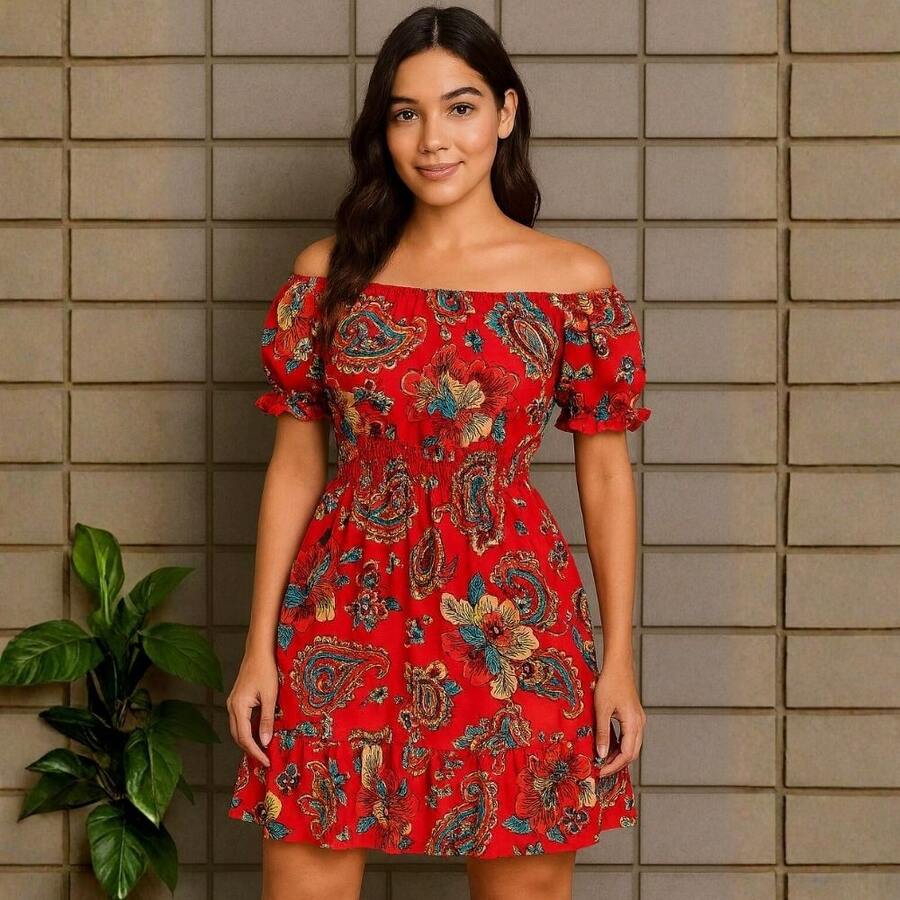 Short Dress Made From Duna Fabric With Short Sleeves. - Paisley Red - View 1