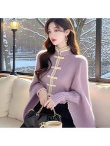 中国風チャイナドレスショールセーター女性用 - ゴールドボタン付きの柔らかいスタンドカラージャケット、結婚式、文化イベント、オフィス用のゆったりとした長袖コート（洗濯機洗い可） - 春秋用パープルトップス - 薄紫 - チェックする 2