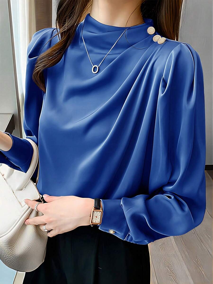 女士休闲轻便通勤衬衫，褶领和灯笼袖，春秋季 - 寶藍色 - 查看 1