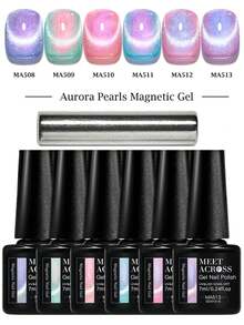 MEET ACROSS Bộ 6 lọ sơn móng tay gel mắt mèo Aurora Pearls 7ml kèm que nam châm, sơn gel nhũ lấp lánh Aurora Shimmer Glitter Cat Magnetic Gel Polish bán vĩnh cửu, có thể tháo gỡ dễ dàng, dùng cho đèn UV LED, làm móng nghệ thuật tại nhà và salon. - Nhiều màu - Xem 10