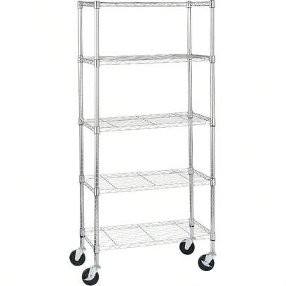 Basics 5-Shelf Adjustable Heavy Duty Storage Shelving Unit On 10cm Wheel Casters Metal Organizer Wire Rack Chrome 76L X 36W X 164H Cm