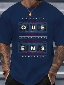 Men's Crew Neck T-Shirt With A Print Of Letters And Names Of New York Neighborhoods, A Modern Urban Design Ideal For Everyday Casual Wear, Perfect For Social Outings In Summer And Autumn. - 藏蓝色 - 查看 1