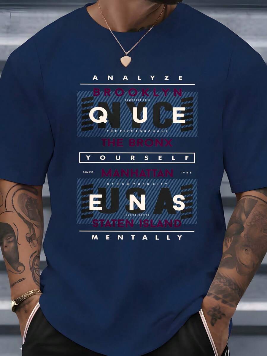 Men's Crew Neck T-Shirt With A Print Of Letters And Names Of New York Neighborhoods, A Modern Urban Design Ideal For Everyday Casual Wear, Perfect For Social Outings In Summer And Autumn. - 藏蓝色 - 查看 1