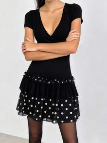 Women Dot Print Summer Dress Slim Deep V Neck Short Sleeve A-Line Mini Layered Ruffle Dresses - Black - View 2