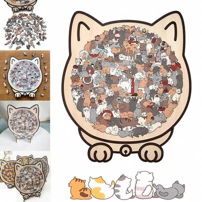 135片木制猫形拼图，彩色木制猫形拼图，带盖可爱猫咪拼图，送给爱猫人士的创意礼物。