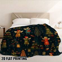 1 Piece Retro Christmas Angel And Lantern Printed Flannel Throw Blanket - Soft And Comfortable All-Season Bedspread, Dark Green Red Brown Beige Festive Colors, Angel And Star Pattern, Suitable For Sofa Bed Travel, Used For European Style Bedspread - 花色 - 查看 8