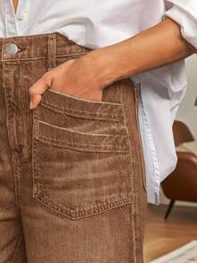 Women's Casual Elegant Wide Leg 7/8 Length Jeans, Fashionable Diamond Pockets - Mocha Brown - View 5