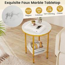 1PC/2PCS 2-Tier Round Coffee Table With White Faux Marble Top, Metal Frame And Storage Shelf Living Room End & Side Tables Bedroom Nightstand Outdoor Porch Coffee Table - Trắng và vàng - Xem 7