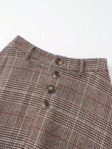 EARO 女士新款羊毛格子休闲百搭通勤复古装饰纽扣A字加厚半身裙，秋冬款 - 咖啡棕 - 查看 4