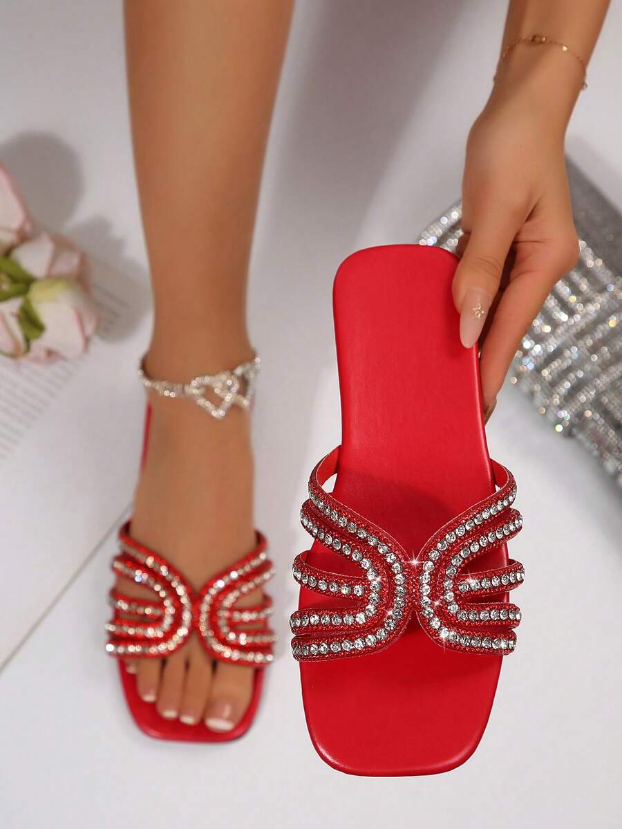 Dép lê nữ mùa hè mới, mũi vuông, kiểu dáng tối giản, hở mũi, đế bằng, đính đá thủy tinh, thích hợp đi ngoài trời hoặc đi biển. - Đỏ - Xem 1