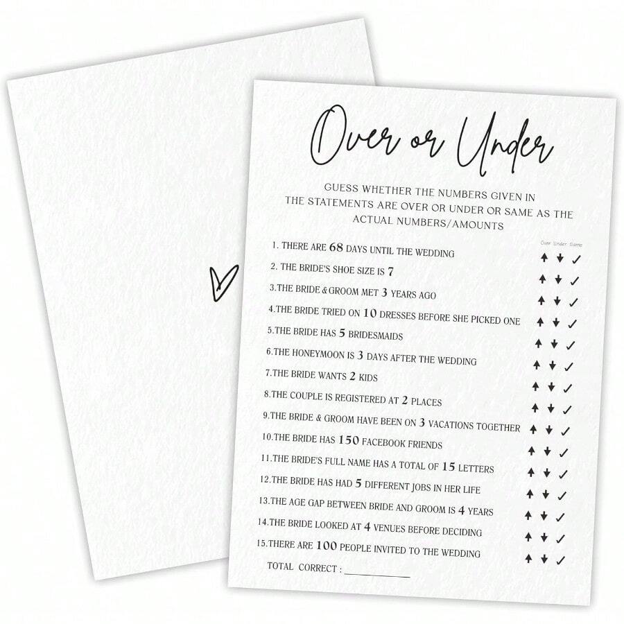 Party Games Bridal Shower Game Cards -  Over Or Under Game - 30 Pcs Minimalism Wedding Party Games Game Card Engagement Party Game Modern Bridal Shower Favor And Decorations - A07 - Trên hoặc Dưới Trò chơi - Xem 1