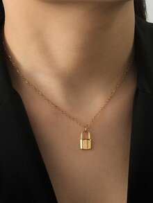 1 Peça Colar Pingente de Chave e Cadeado Dourado Liso, À Prova d'Água e Resistente à Desbotamento, em Aço Inoxidável, Adequado para Uso Diário de Mulheres - Corrente com cadeado de ouro - Visão 4