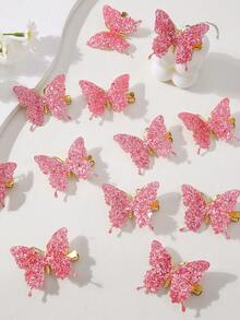 10 piezas/paquete Clips para el cabello de mariposa con lentejuelas fucsia y base dorada para niñas, clips para el flequillo lateral, accesorios para el cabello para uso diario - Rosa Fucsia - Ver 4