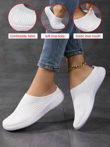 Women's White Low Heel Breathable Knit Casual Flat Loafers, Lightweight & Comfortable Slip-On Sneakers For Daily Wear - White - View 16