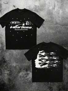 (180 Cotton T-Shirt Double-Sided Printing) Heartless Star Graphic Black Tee, Y2K, Street Style, Digital Print, Casual 100% Cotton T-Shirt, Halloween Gift - 黑色 - 查看 6