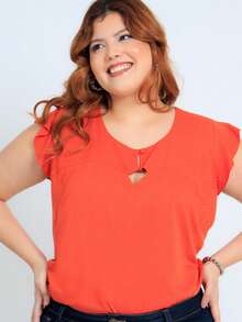 Women's Plus Size Short Sleeve Trapeze Blouse - 橘色 - 查看 2
