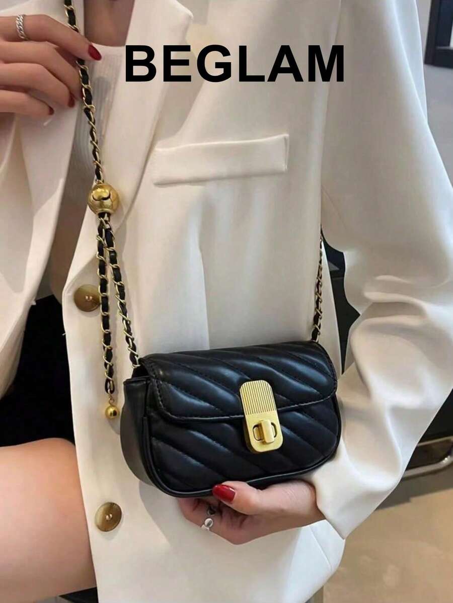 女士休闲时尚纯色绗缝扭锁单肩包、斜挎包 - 黑色 - 查看 1