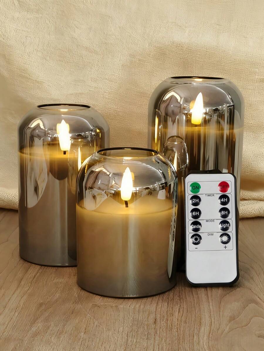 1/3pcs Flameless Candles With Remote Control, Battery Operated Candles With Timer, Flickering LED Candles, Suitable For Wedding, Home, Party, Christmas, D3 H4, 5" And 6", Grey - Grey - View 1