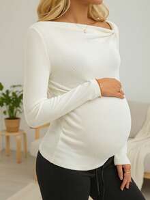 新款孕妇T恤，纯色，磨毛罗纹，不对称领口，褶裥设计，休闲长袖上衣，舒适修身，适合秋冬季节穿着（JH25062）