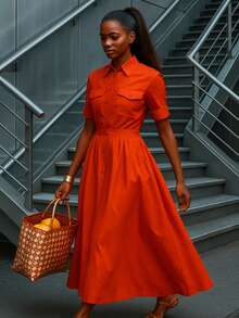 Structured Shirt Collar Midi Dress With Defined Waist & Full A-Line Skirt - Orange - View 1