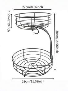 2-Tier Iron Wire Fruit & Vegetable Basket Holder With Banana Hook, Decorative Storage Rack For Countertop, Living Room, Patio, 64oz, Black, Suitable For Kitchen, Living Room, Patio, Storage, Entertaining Guests, Storage, Kitchen Accessories