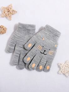 2 Pairs Kids Snowflake + Cat Face Printed Knitted Fingerless Gloves Set, Suitable For Daily Warmth And Cold Protection In Winter - Multicolor - View 5