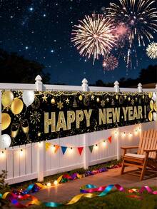 1 pieza Pancarta de Feliz Año Nuevo, Diseño de globos negros y dorados Pancarta de Año Nuevo, Decoración de Año Nuevo, Decoraciones de Año Nuevo 2026, Decoraciones de Fiesta de Fin de Año 2026, Cartel de Año Nuevo, Decoración del hogar, Decoración de habitación, Regalos de Año Nuevo, Decoración interior y exterior, Fondo de foto de Año Nuevo, Bandera de Feliz Año Nuevo, Accesorios de Año Nuevo, Decoraciones de Nochevieja - Feliz Año Nuevo Oro Negro - Ver 2
