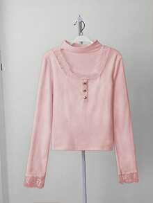 French Elegant Black Lace Long Sleeve T-Shirt, High-End Layering Top For Women, Spring - Pink - View 2