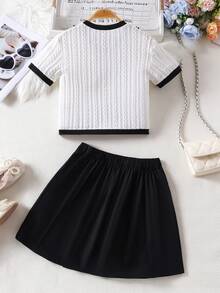 2pcs/Set Tween GirlsShort Sleeve Knit Cardigan Top And Pleated Skirt, Spring/Summer