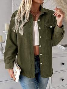 Women's Corduroy Button-Up Shirt Loose Casual Long Sleeve Fashion Cardigan Jacket 2025 Autumn Oversized Shirt Top With Pockets - Green - View 2