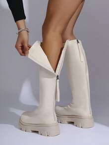 女士新款厚底高筒修身过膝长靴，英伦风增高，适合秋冬季穿着 - 杏色 - 查看 4